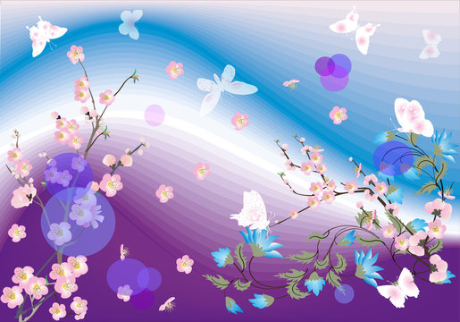 composition with sakura flowers and butterflies