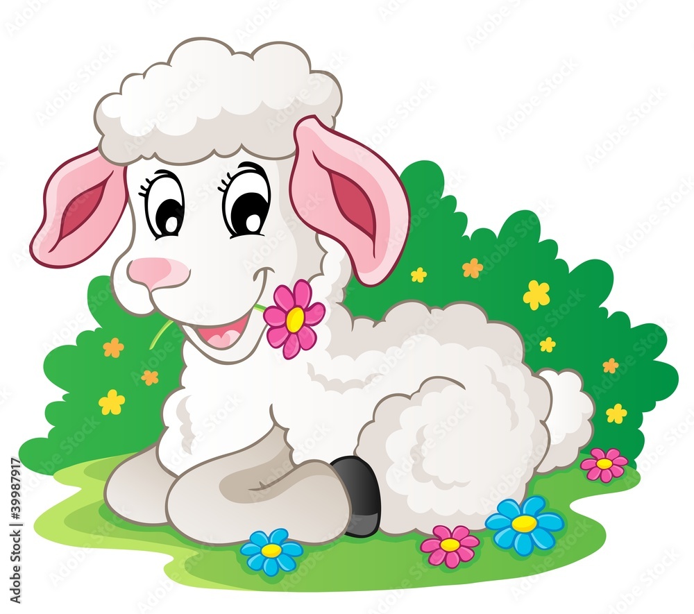 Wall mural cute lamb with flowers