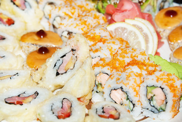 Appetizing tasty Japan rolls and sushi assortment