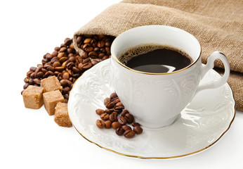 Hot coffee, coffee beans and brown sugar