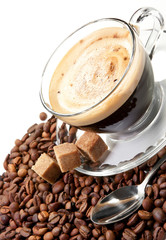 Hot coffee, coffee beans and brown sugar