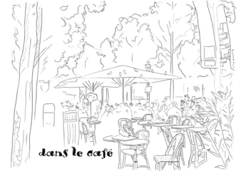 Papier Peint photo Lavable Café de rue dessiné café sur les Champs-Elysées