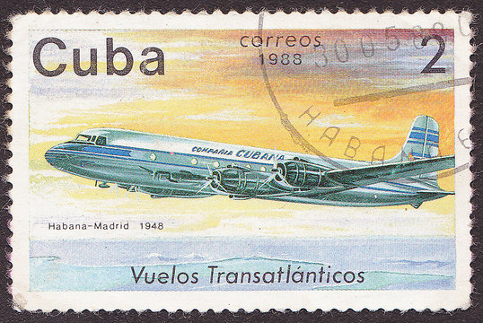 CUBA - CIRCA 1988 A post stamp printed in Cuba shows  plane
