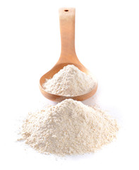 Whole flour pile or heap in wooden spoon isolated on white background
