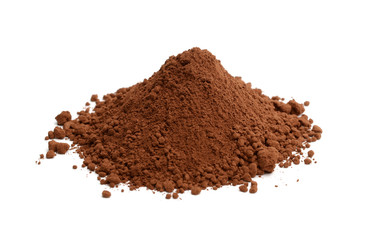 Cocoa powder heap or pile from top view or above isolated on white background	