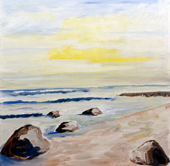 beach landscape at sunset - original painting oil on wood
