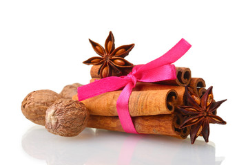 Cinnamon sticks, nutmeg and anise isolated on white