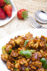 Chinese food, stir-fryed meat and bell peppers
