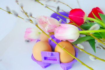 eggs with tulip flowers and willow branches