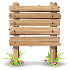 Wooden sign on a grass with mushrooms. vector illustration