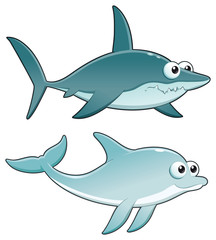 Dolphin and Shark. Vector isolated characters.