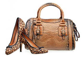 Pair of women shoes and handbag isolated over white