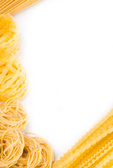 different pasta and noodle on white background
