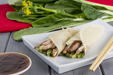 Peking Duck Wraps with spring onion, cucumber & hoisin sauce