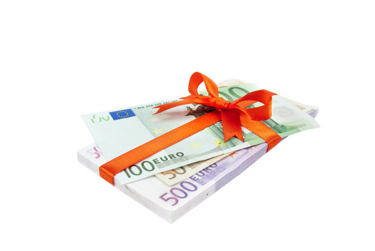 The euro money pile binded o satin red ribbon and bow