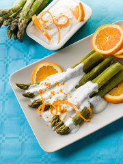 asparagus with yogurt cream sauce and orange peel