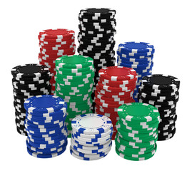 Large stacks of colorful casino chips isolated on white