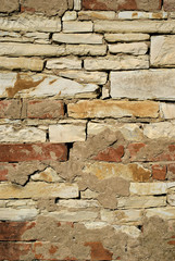 Close up of a brick and limestone stone wall.