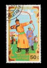 Mongolia stamp featuring archers in cultural dress, circa 1988