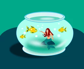 Crédence de cuisine en verre imprimé Sirène Sirène dans un bocal à poisson rouge