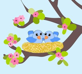 Deux petits oiseaux bleus dans un nid.