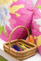 basket with crayons