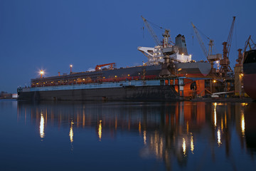 Tanker in Dry Dock at night