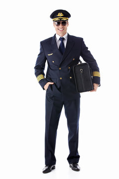 The pilot of a suitcase on a white background