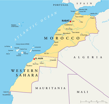Morocco and Western Sahara political map with the capitals Rabat and El Aiun, with national borders, most important cities, rivers and lakes. Illustration with English labeling and scale. Vector.