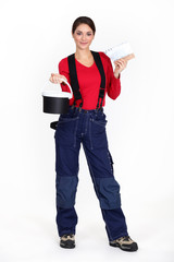Woman plasterer on white background