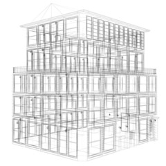 Perspective view of wireframe seven storey building - 40069582