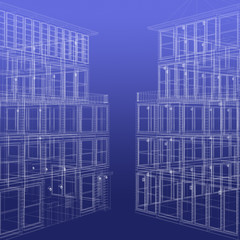 Two wireframe rendered buildings