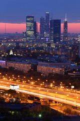 Obraz premium Buildings of Moscow City complex of skyscrapers at evening