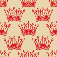 Vintage seamless background with red crown pattern.