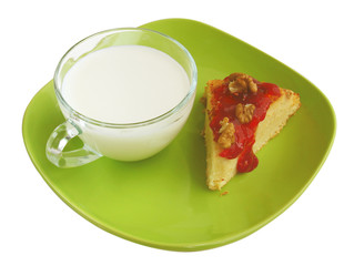 A cup of milk with cheese cake