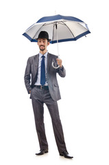 Businessman with umbrella on white