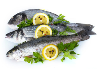 Fresh fishes with lemon, parsley and spice isolated on white