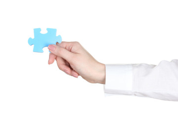 woman hand holding puzzle isolated on white