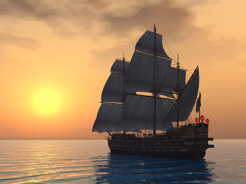 Segelschiff mit Sonnenuntergang
