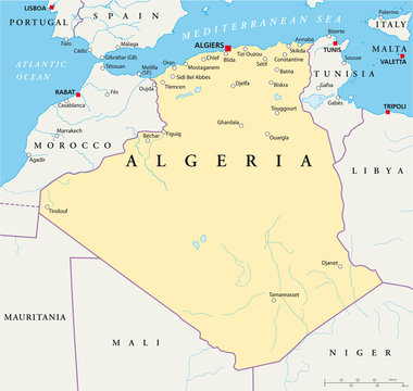 Algeria political map with the capital Algiers, national borders, most important cities, rivers and lakes. Illustration with English labeling and scale. Vector.