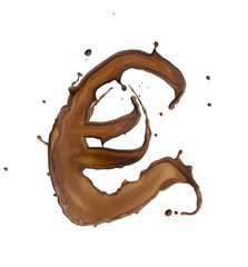 Chocolate splash euro symbol isolated on white background