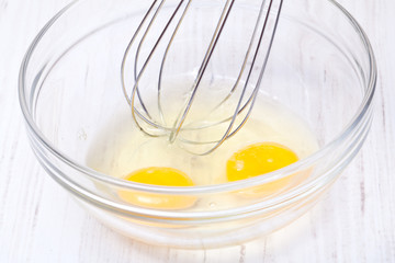 Wire whisk and eggs