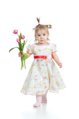 cute little girl giving flower gift, isolated on white