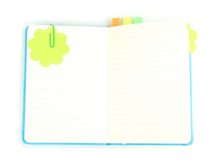 Open note book with stickies isolated on white