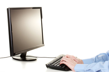 male hands typing on the keyboard isolated on white