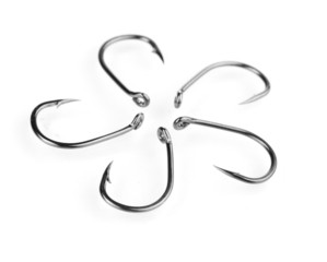 Flower-shaped fish hooks isolated on white