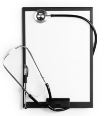 stethoscope and black clipboard isolated on white