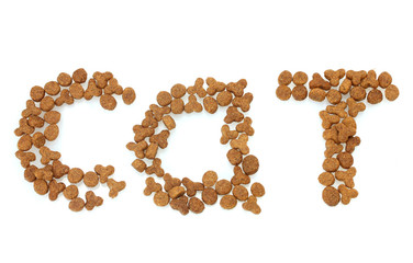 Inscription Cat of dry cat food isolated on white