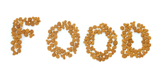 Inscription Food of dry cat food isolated on white