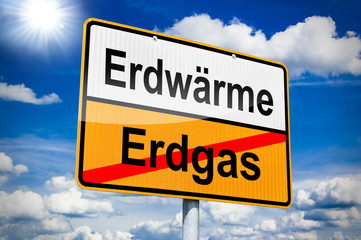 Ortseingangsschild mit Erdwärme und Erdgas